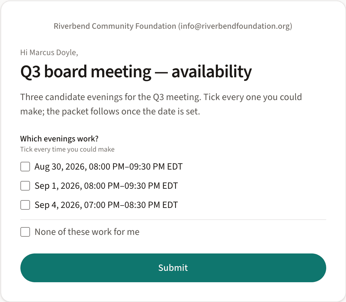 A contributor's page: an organization asks one named person which evenings work, with times to tick and a submit button in the organization's own colour.